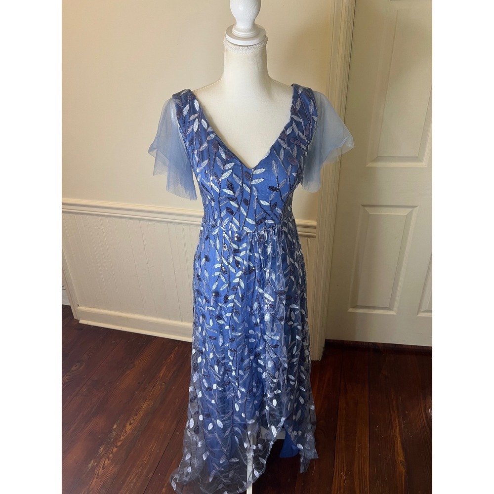Blue Sequin Leaf Embroidered Evening Gown Flutter Sleeve Formal Maxi Dress SizeS